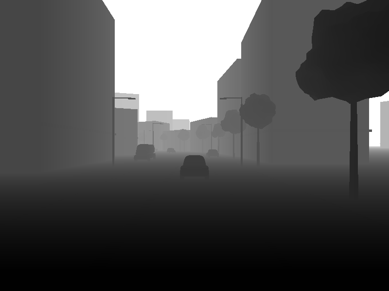 Logarithmic depth of the same road, dark near the camera and light far away
