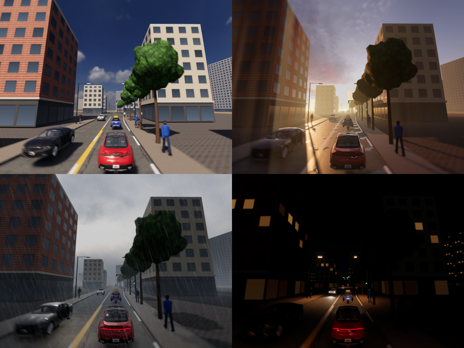 The town at clear noon, wet sunset, in rain and at night, each at 800 x 600