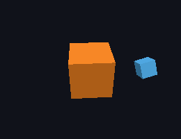 A small cube orbits a large cube and passes behind it