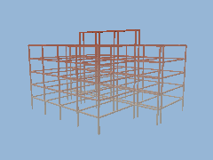 A generated tower frame sways in its first natural mode