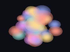 Colored splats turn in a loose cloud