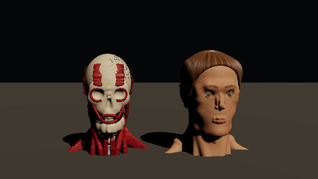 A six-foot male neck and head turn twice: bones, joint tissues and muscles on the left, and skin, hair and eyes on the right