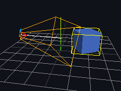 A camera circles a cube outlined in yellow, over a grid, beside the axes and a second camera's frustum