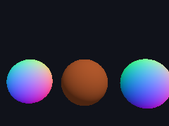 Two spheres show their normals, and the middle one keeps its color