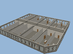 A small tower read back from its IFC file, cut away above its first storey, turns under a lamp