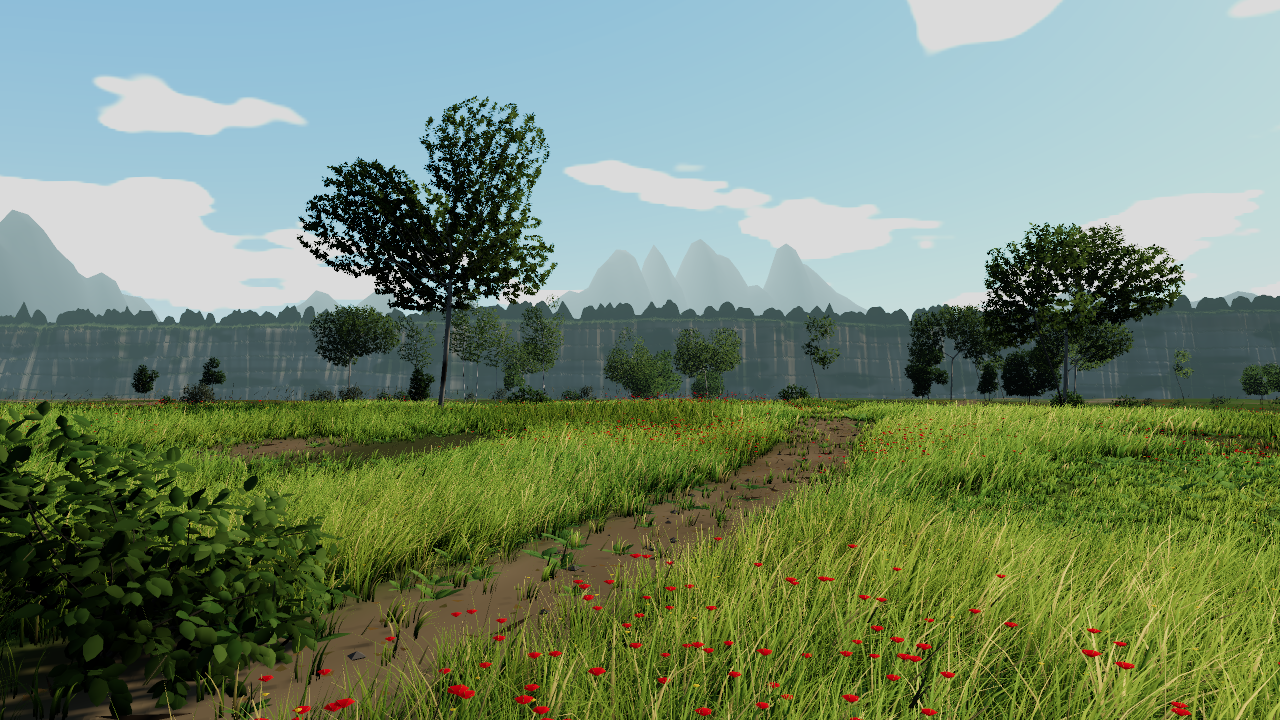 A dirt trail winds through wind-bent grass with poppies past a lone pale-trunked tree, with birches, groves, and wooded cliffs beyond