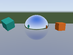 A chrome ball under a sky reflects two boxes that circle it