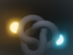 Bright spheres bloom over a dark knot as the camera turns