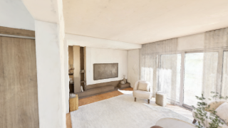 A first-person walk through a scanned furnished apartment, drawn on every core