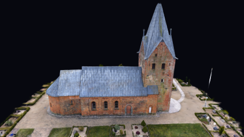 A scanned brick church with a lead roof, drawn from above its graveyard