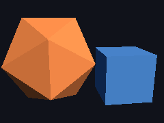 An icosahedron and a box turn, drawn flat as SVG paths