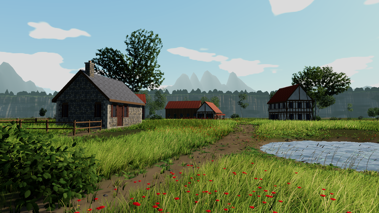 Houses of fieldstone, timber framing, brick and boards stand in wind-bent grass beyond a small pond, with trees, cliffs and mountains behind