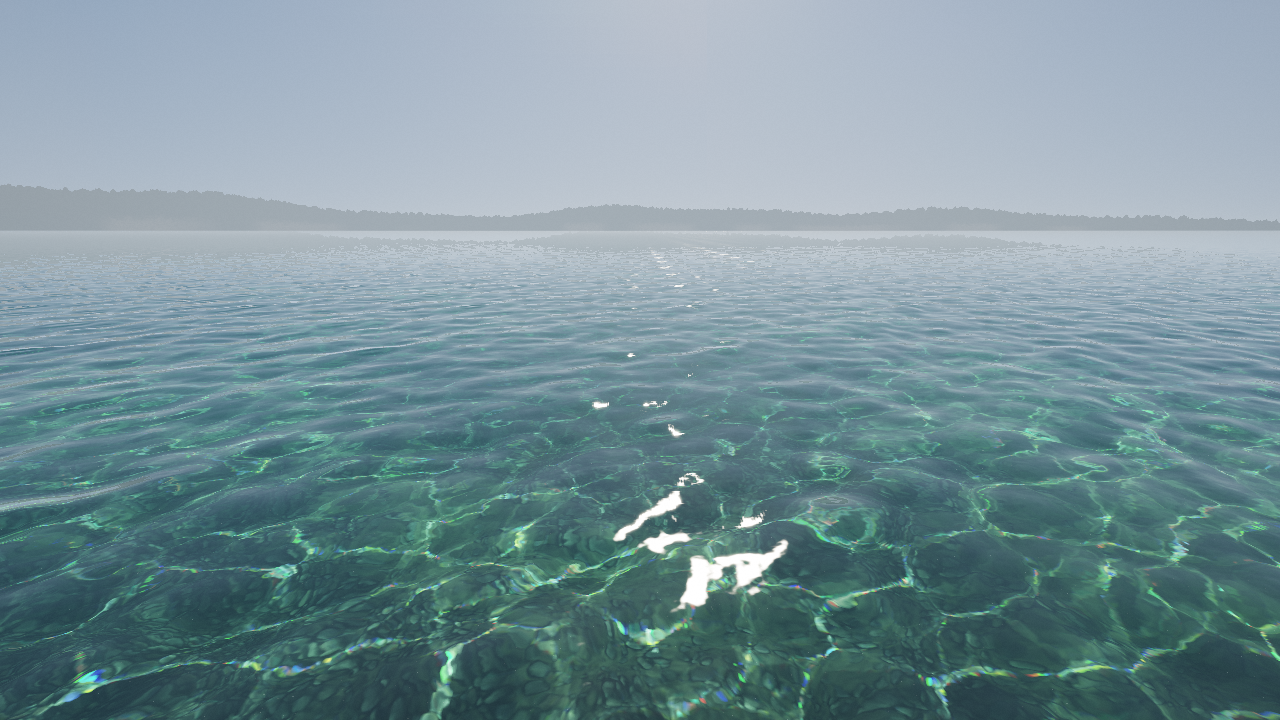 Shallow water shows a sun glint over a pebbled bed