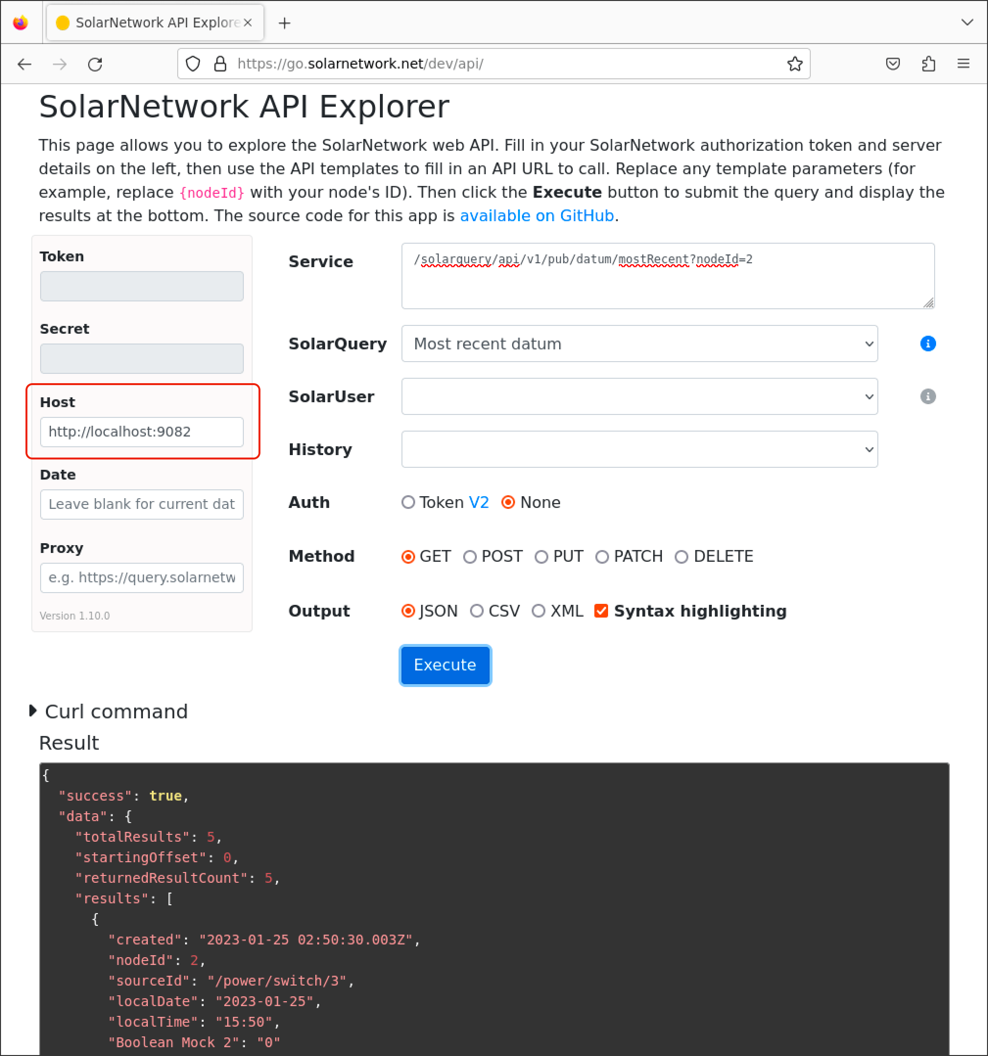 Screen shot of SolarNetwork API Explorer