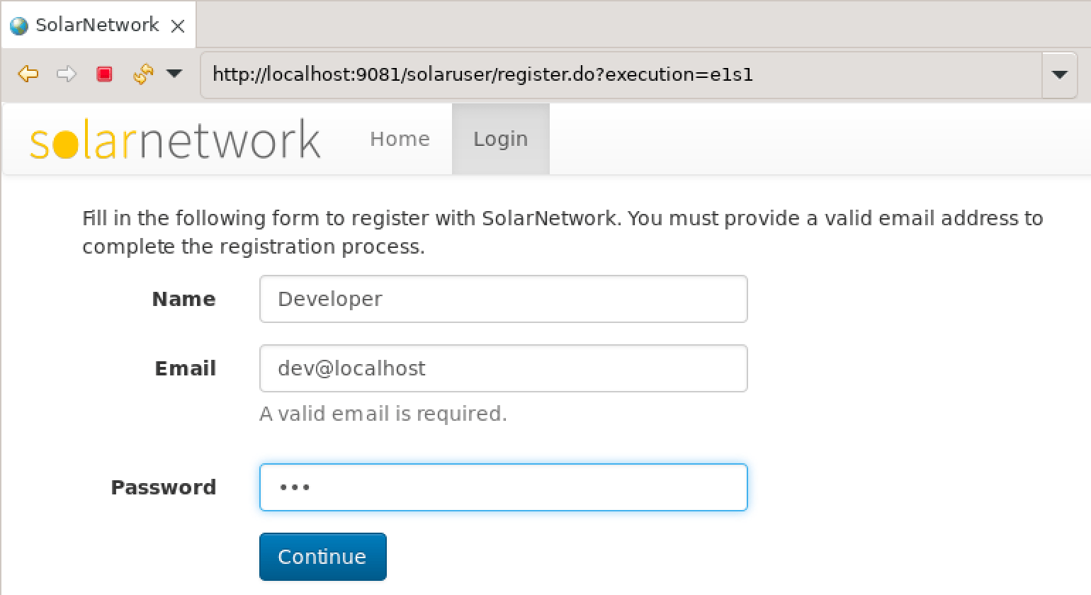 Screen shot of SolarUser registration page