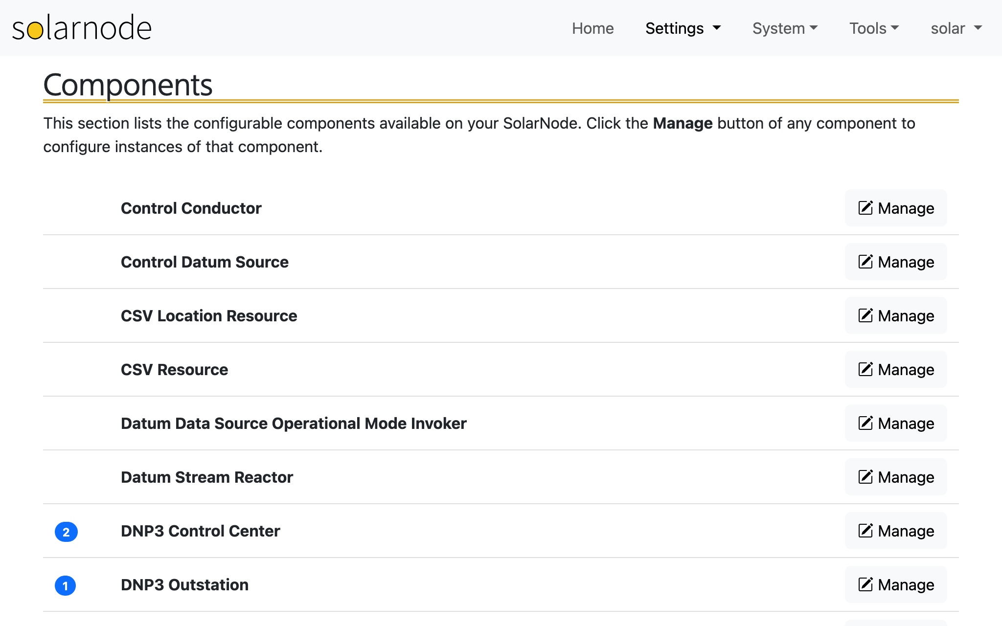 SolarNode settings screen