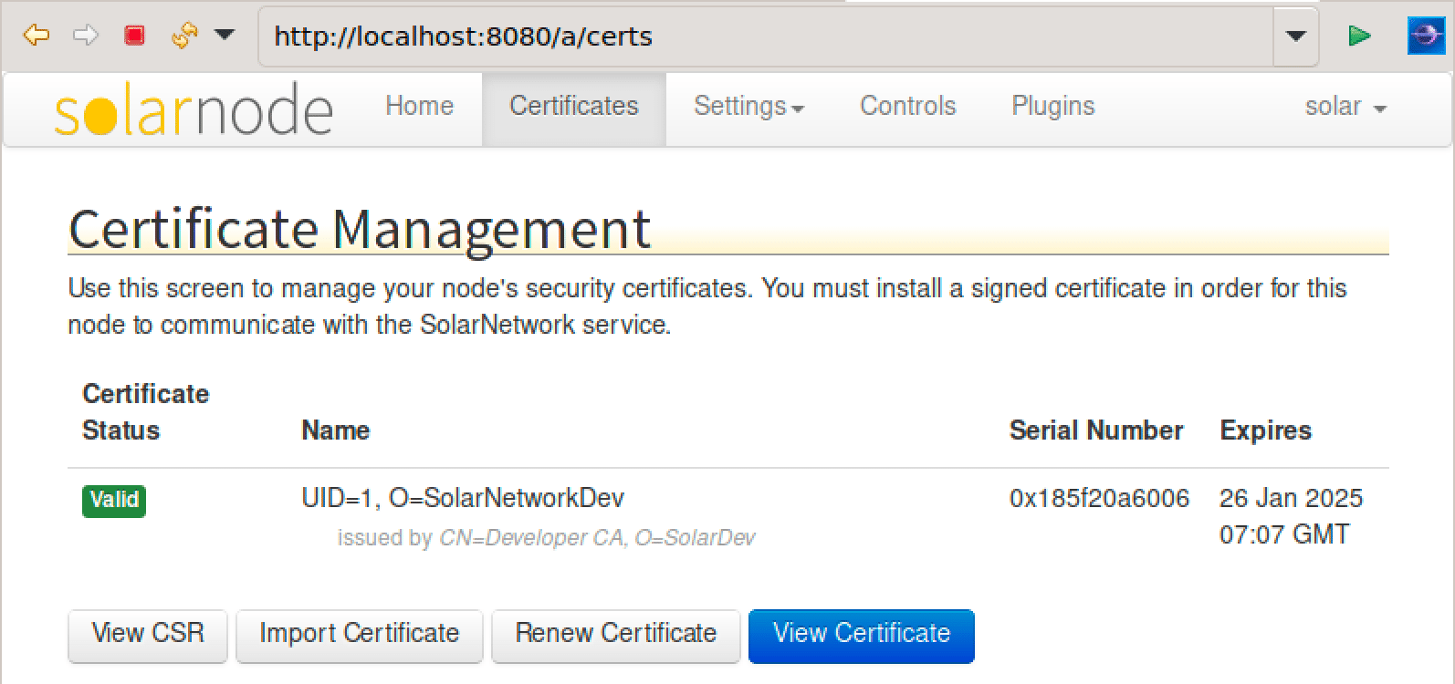 Screen shot of the SolarNode certificate