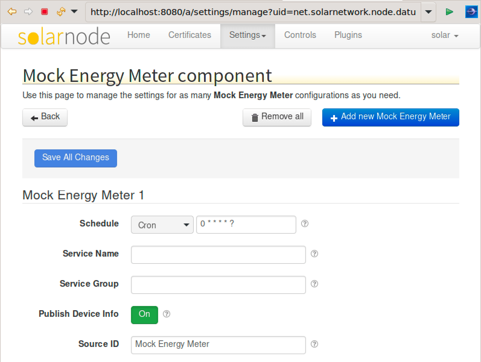 Screen shot of the Mock Energy Meter in SolarNode