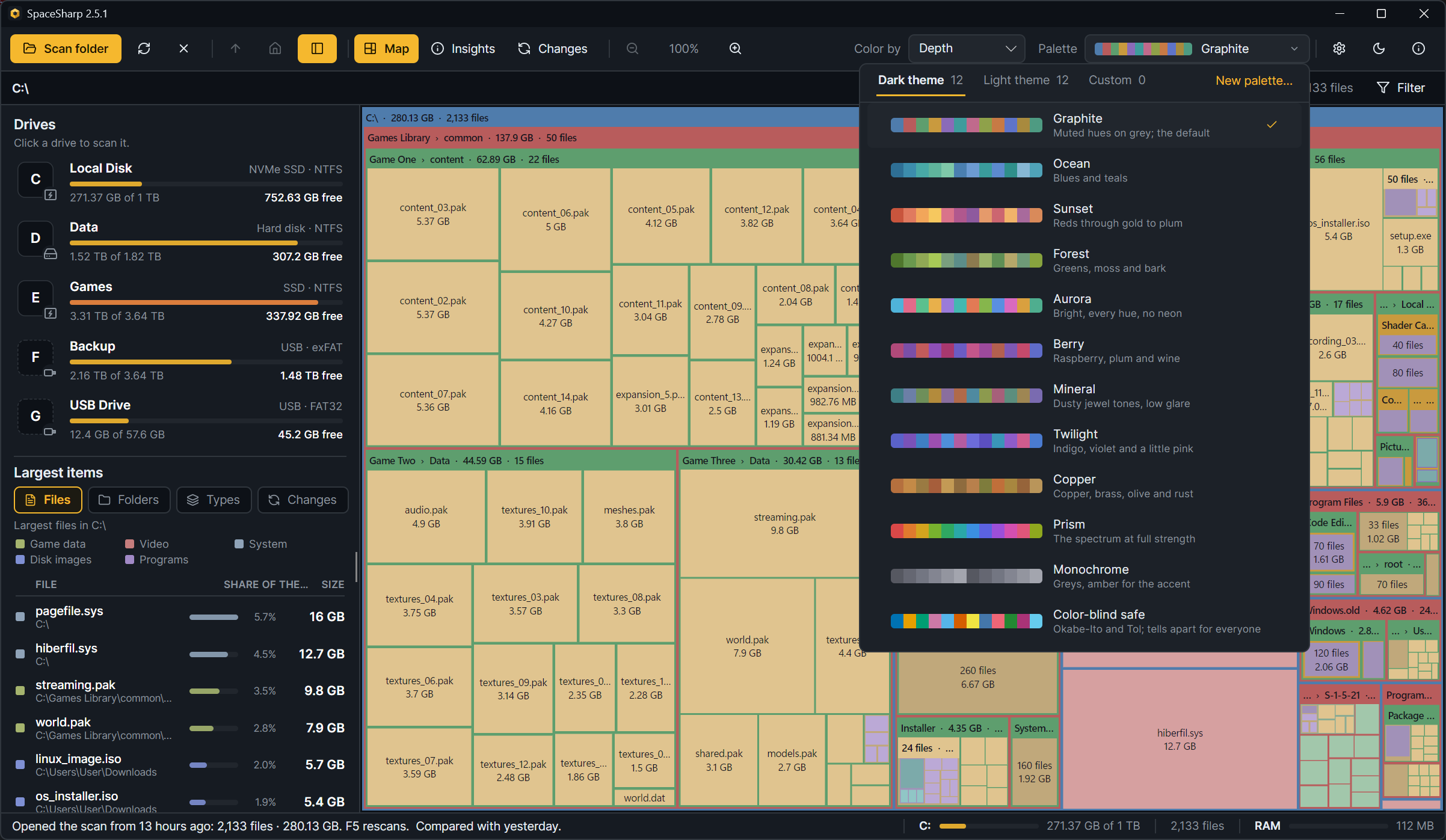 The palette picker open on the Dark theme tab