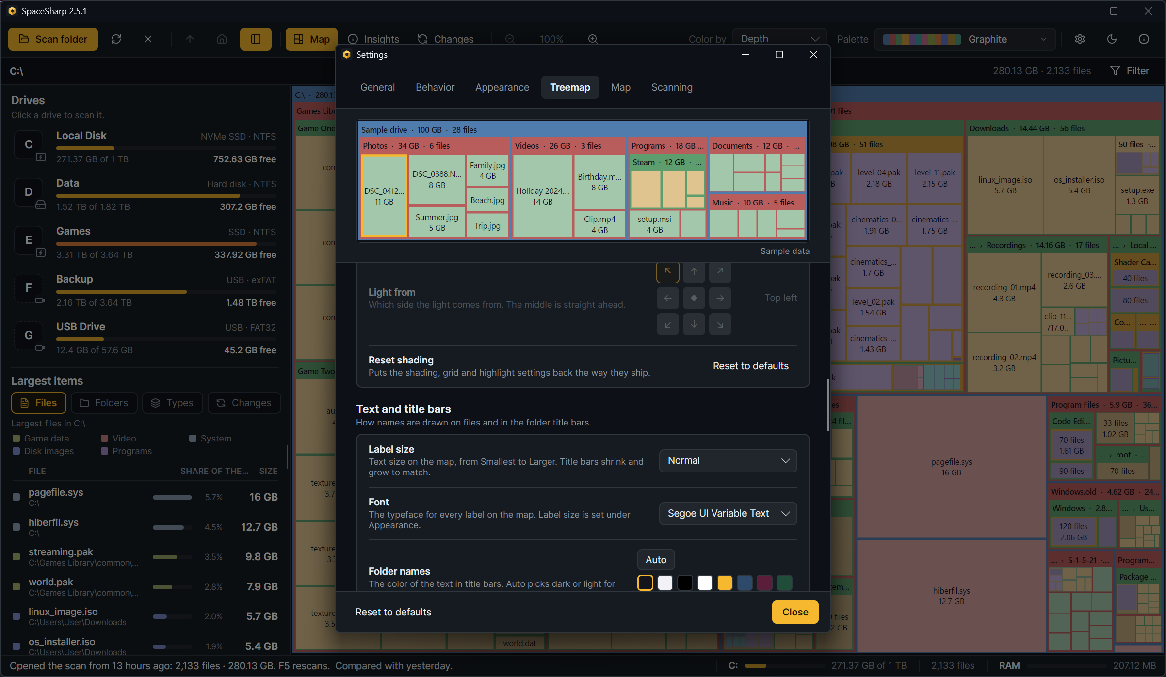 Settings, Treemap, Text and title bars