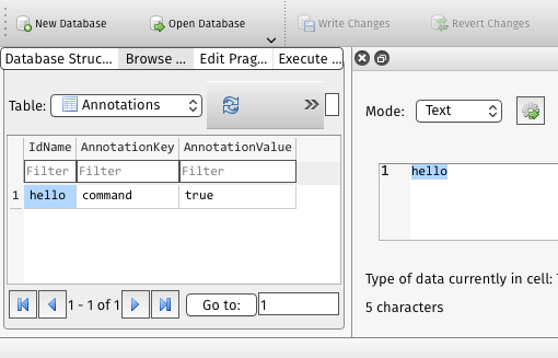 A screenshot of the Annotations table as shown by DB Browser for SQLITE
