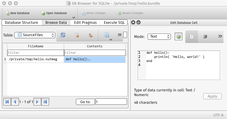 Screen capture of the SourceFiles table in hello.bundle