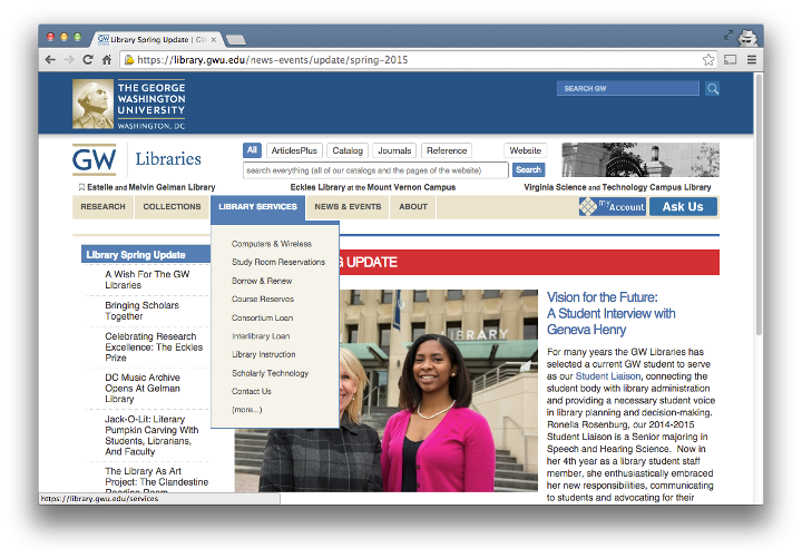 screenshot of the GW Libraries site in wide view (desktop)