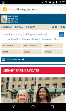 screenshot: GW Libraries site in narrow view (handheld)
