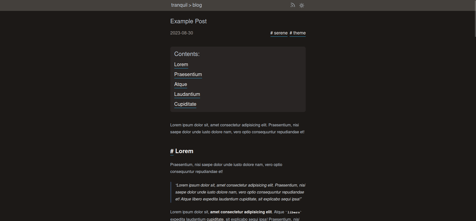 A screenshot (dark theme) of the example page of the demo website