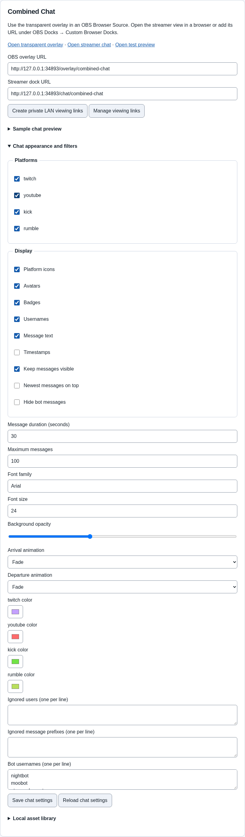 Chat settings with owned example values