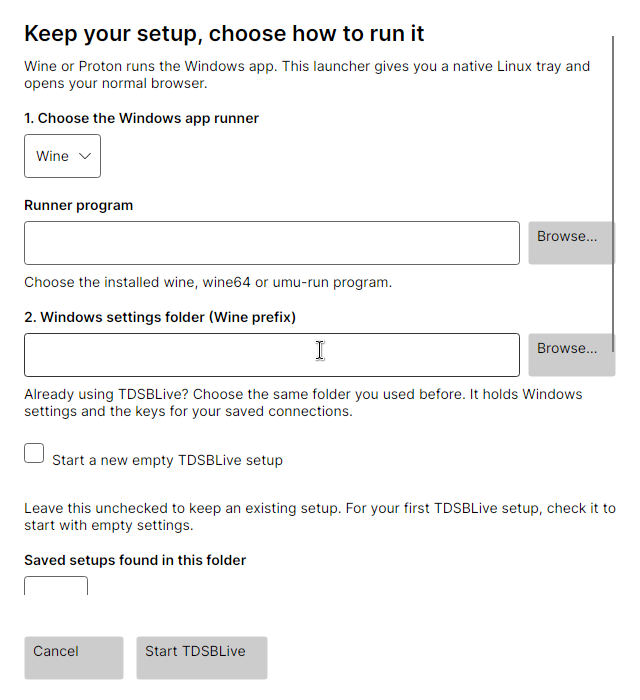 Actual Linux setup window; choose Proton (UMU) in the runner selector