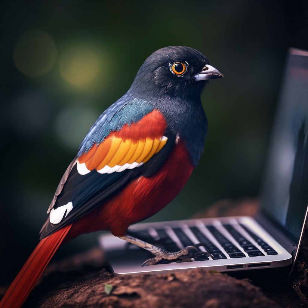 A picture of a trogon (bird) sitting on a laptop