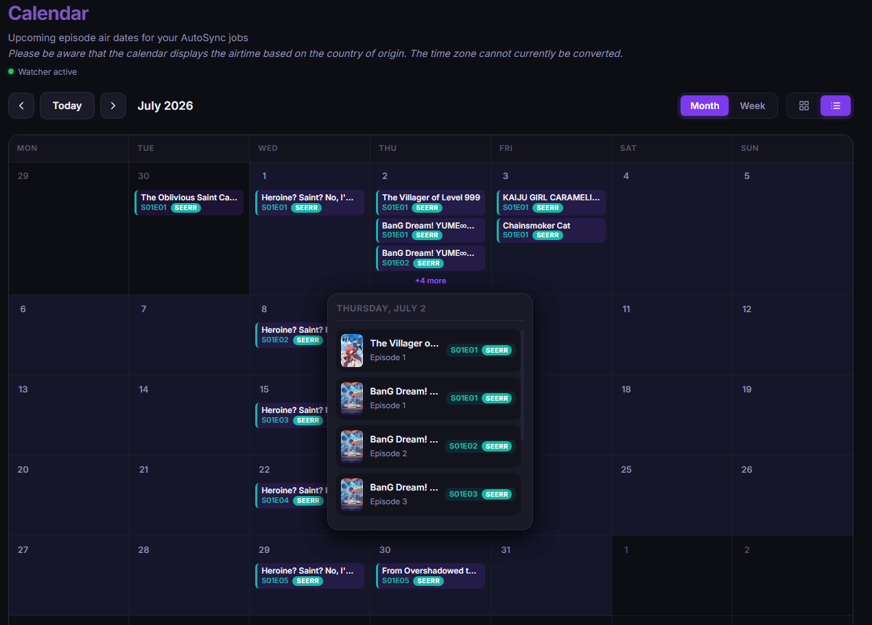 Screenshot: Calendar page