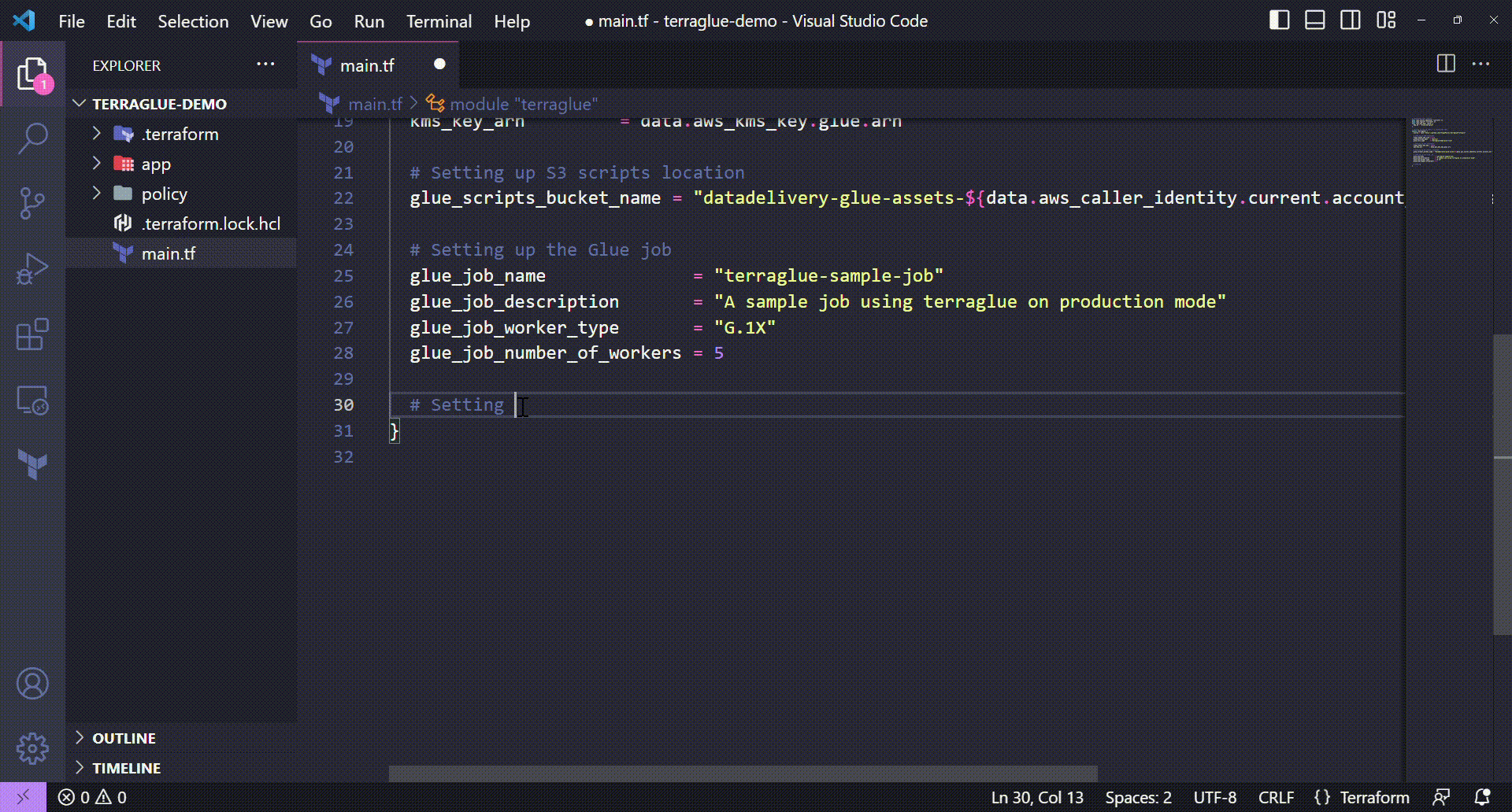 A gif showing how to configure Glue job arguments on terraglue