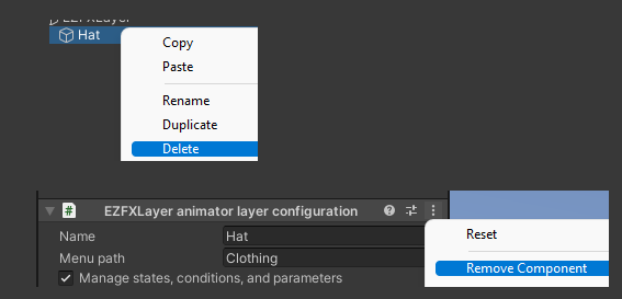 deleting a layer by either deleting the GameObject or removing the component