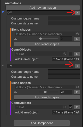 hitting the x button to remove an animation configuration