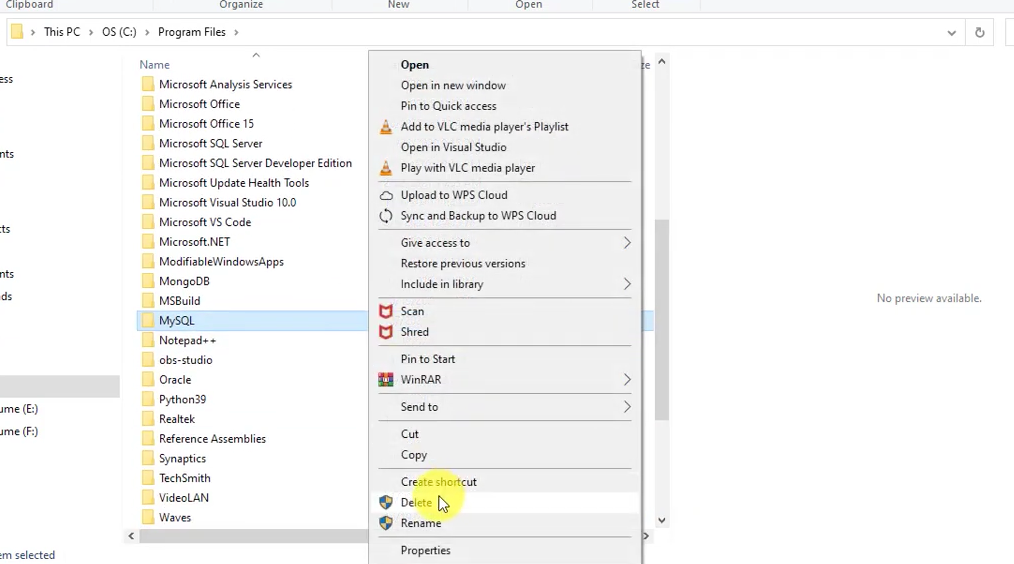 Delete MySQL Folder in Program Files