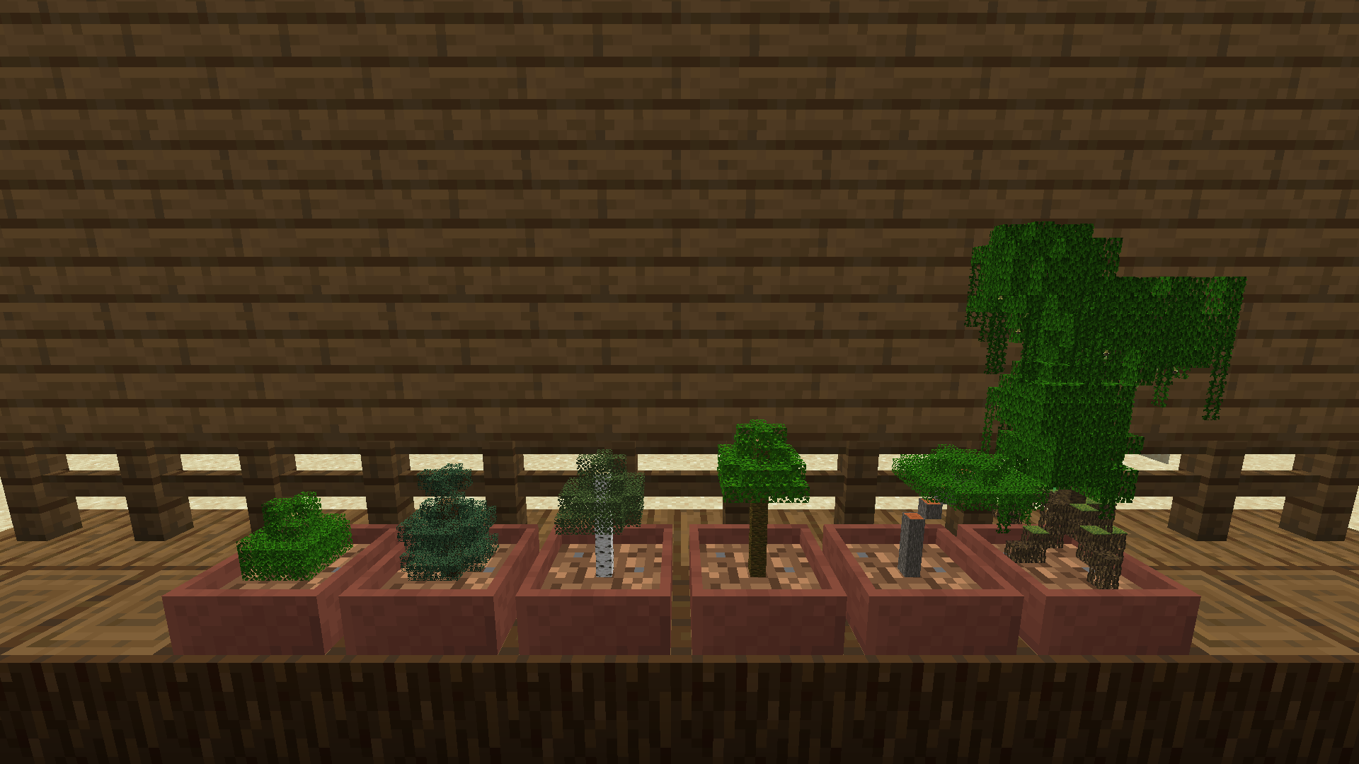 All vanilla saplings except dark oak growing in pots