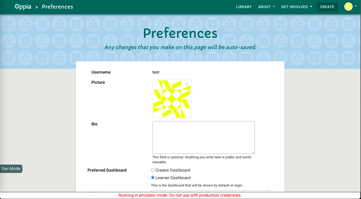 The un-modified preferences page
