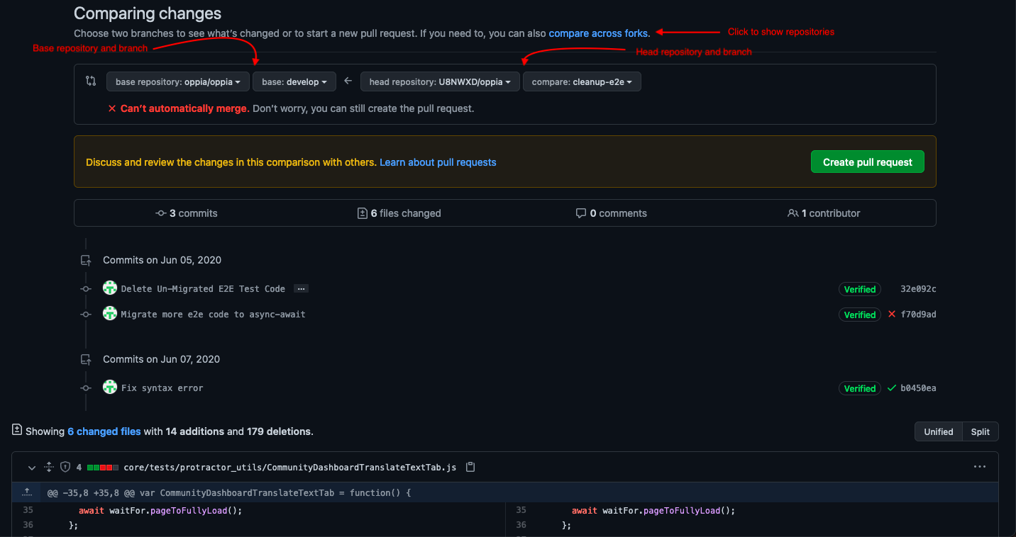 The GitHub PR creation screen