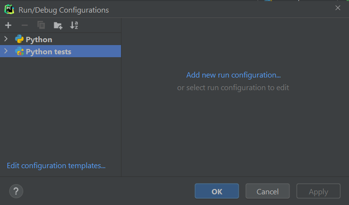 Run/Debug Configurations initial dialog