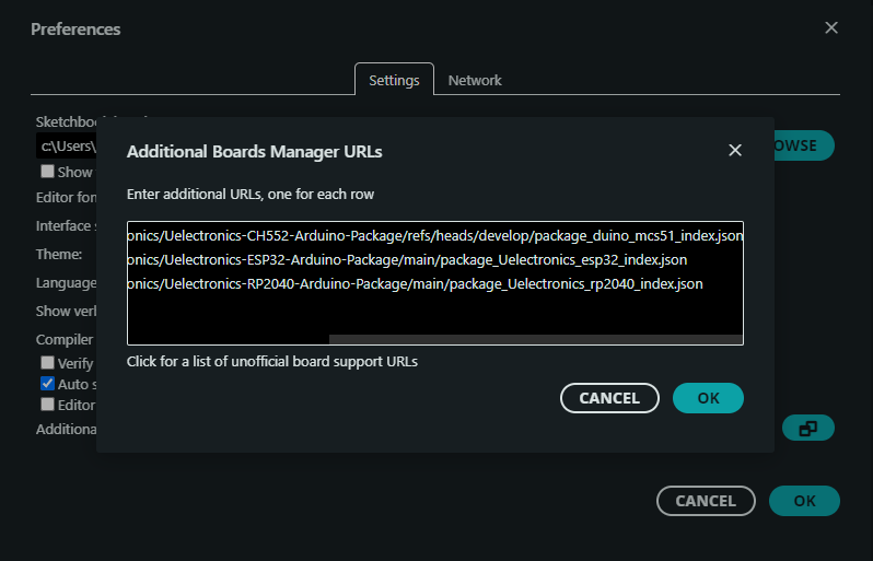 Arduino IDE additional boards manager URLs dialog