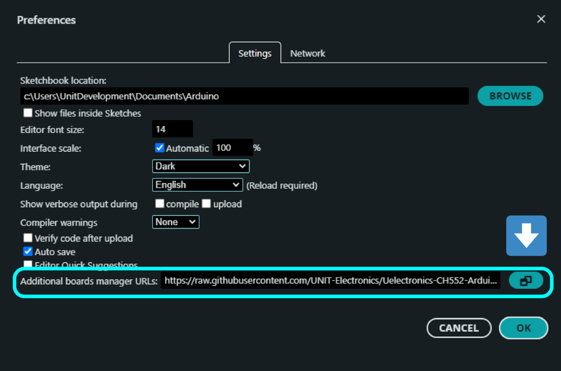 Arduino IDE preferences menu