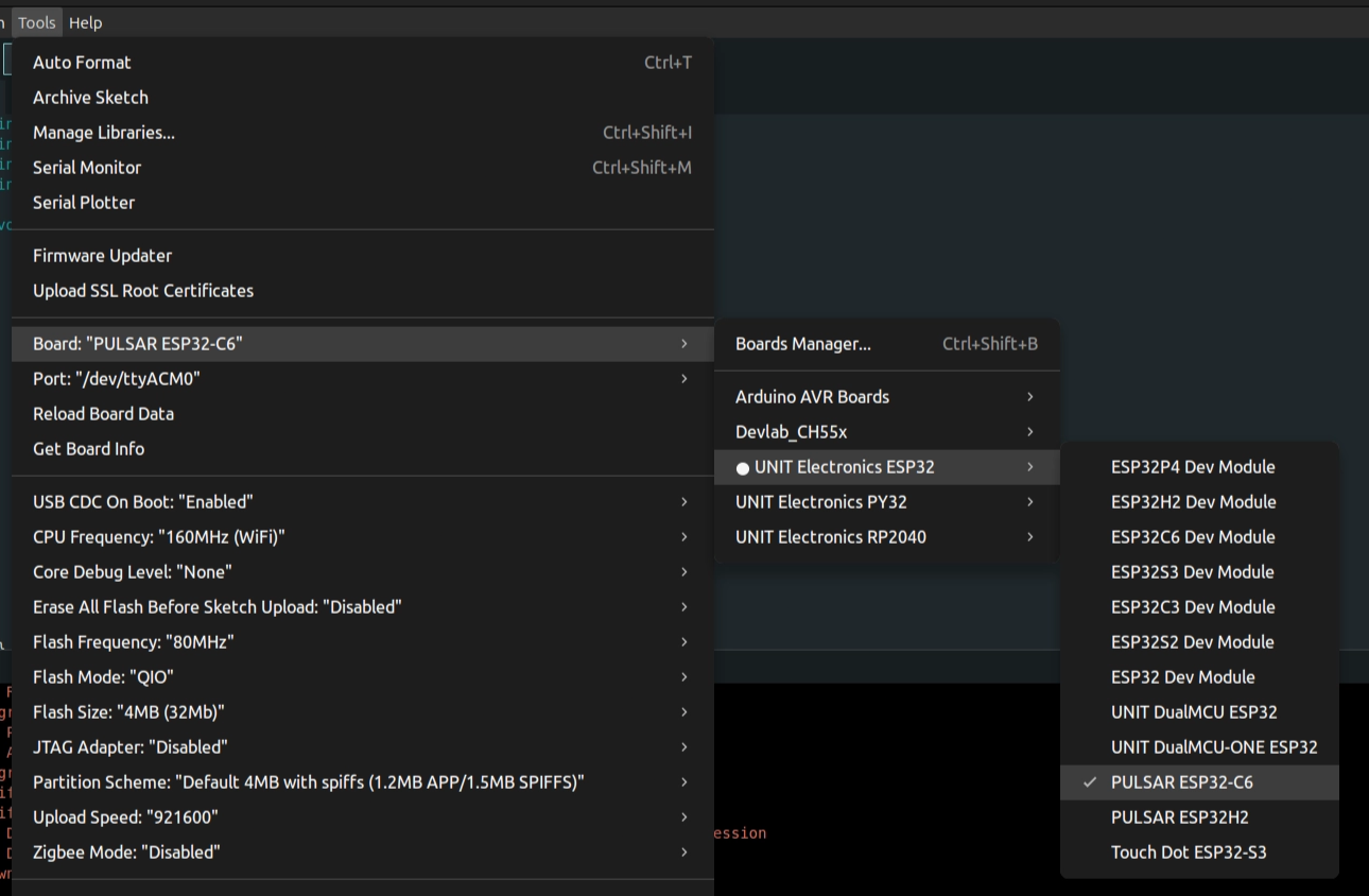Arduino IDE board selection menu