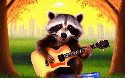 a_cute_raccoon_playing_guitar_in_the_park_at_sunrise,_oil_painting_style.gif
