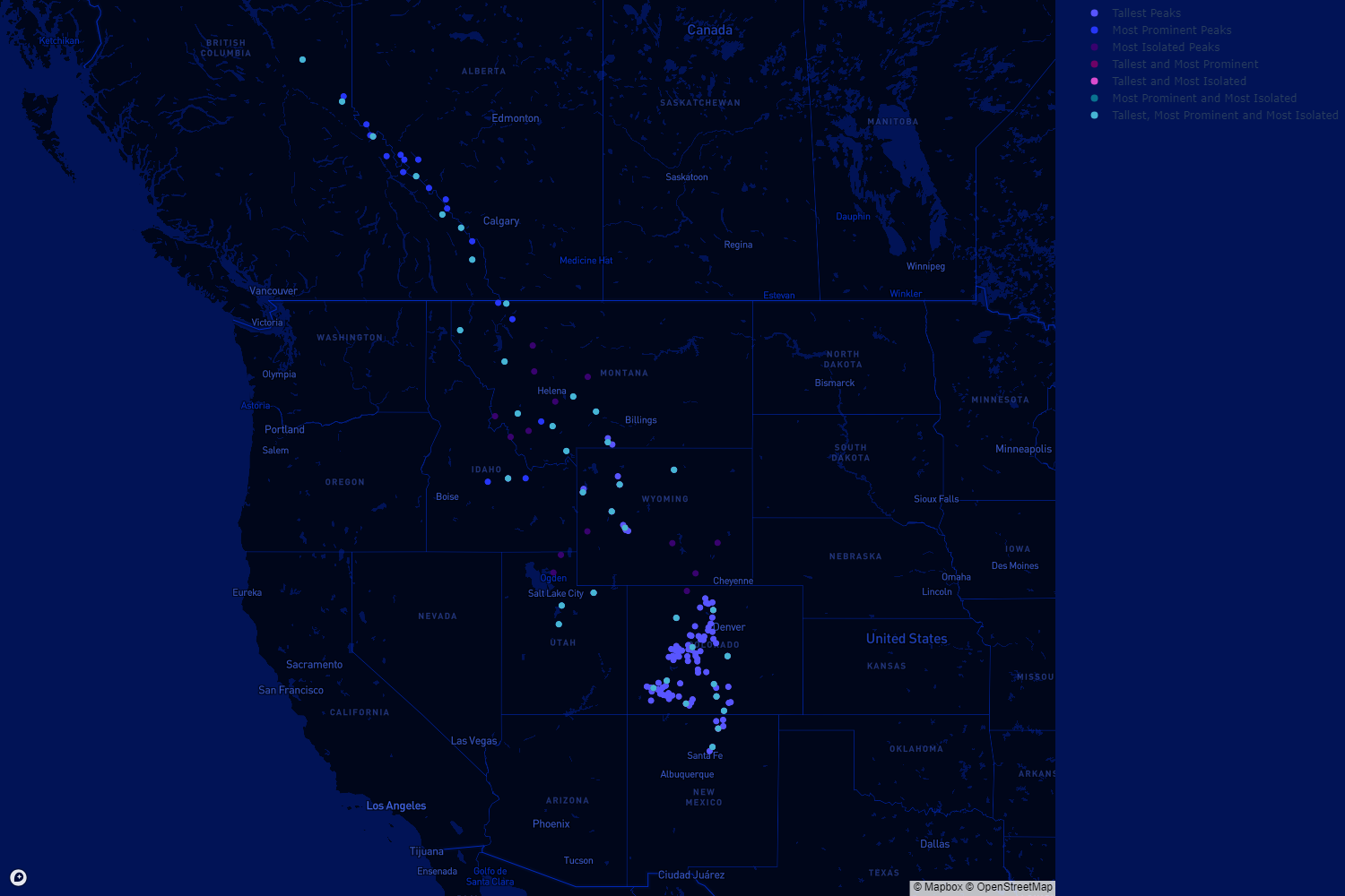 Map of the North West USA and Canada showing points where the tallest peaks of the Rocky Mountains are situated.