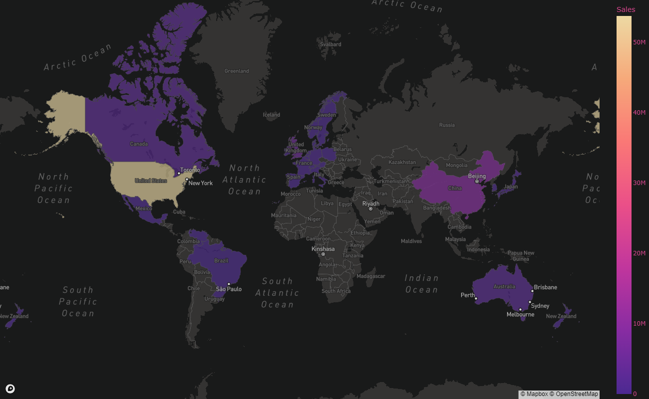 World map showing the USA with the greatest number of sales by Taylor Swift