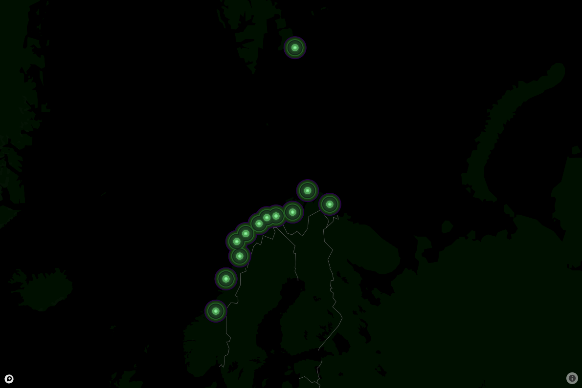 Map showing some of the best points to see the northern lights in norway colour themed around the northern lights