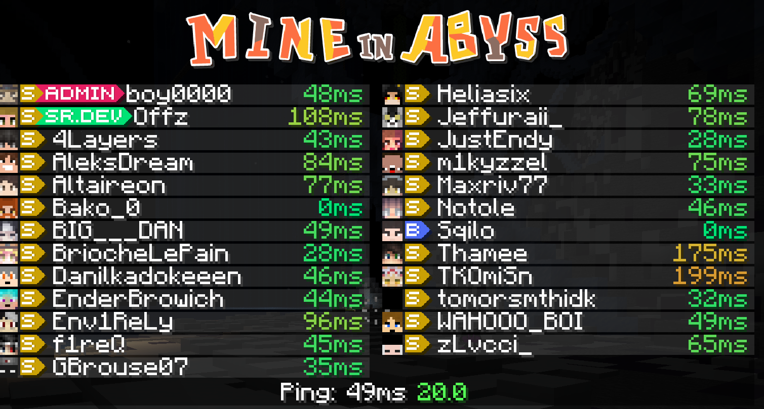 "Mine In Abyss" server TAB menu, featuring a custom logo