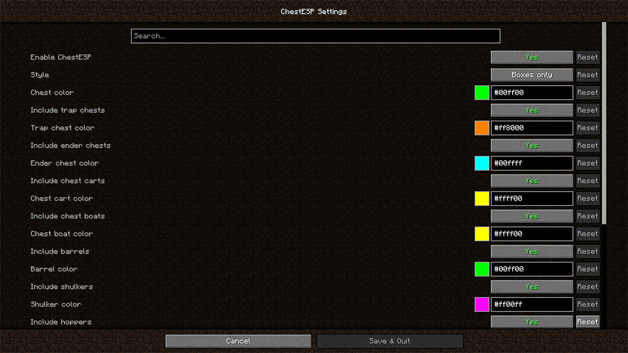 A screenshot showing ChestESP’s settings menu, powered by Cloth Config